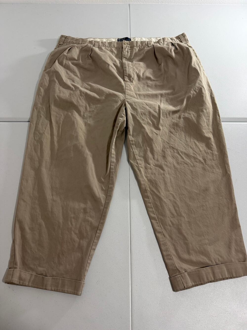 Vintage Polo Ralph Lauren Andrew Pant Mens 50x30 Pleated Chino Khaki Cuffed Big